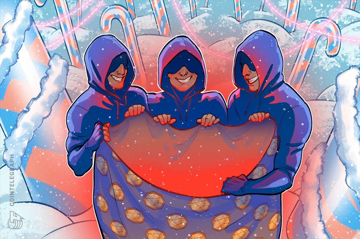 Illustration: Three hooded figures in blue and red smiles while holding a large orange disc patterned with golden coin-like shapes against a snowy, candy-cane backdrop.
