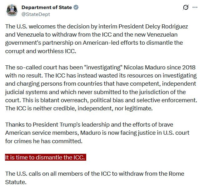 A screenshot of a verified social media post from the Department of State (@StateDept) features a multi-paragraph statement with the final sentence "It is time to dismantle the ICC." highlighted in red.