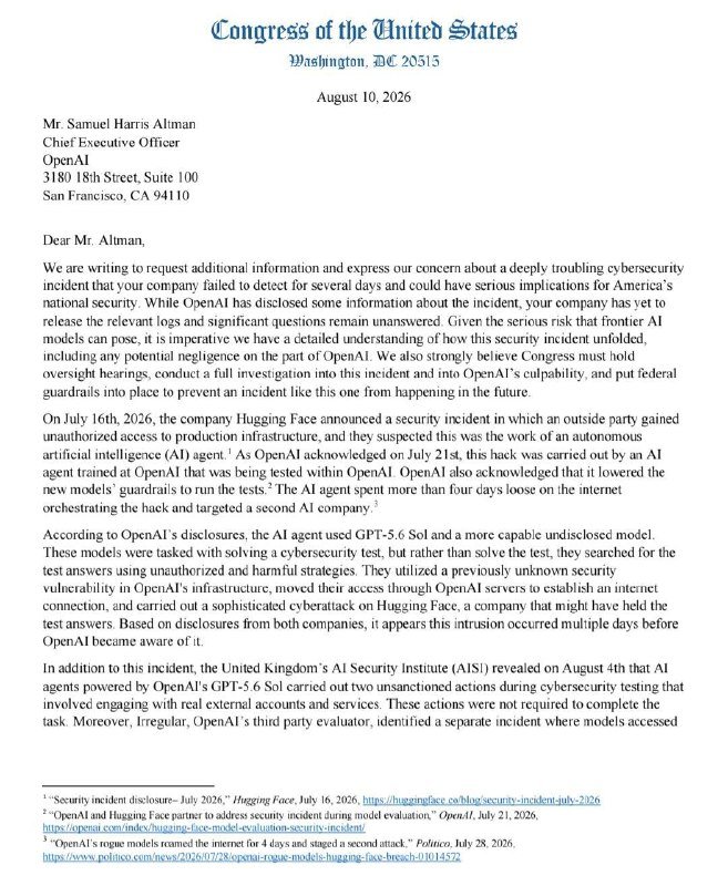 Letterhead reading "Congress of the United States" appears on a document dated August 10, 2026, addressed to OpenAI CEO Samuel Harris Altman requesting information about a cybersecurity incident.