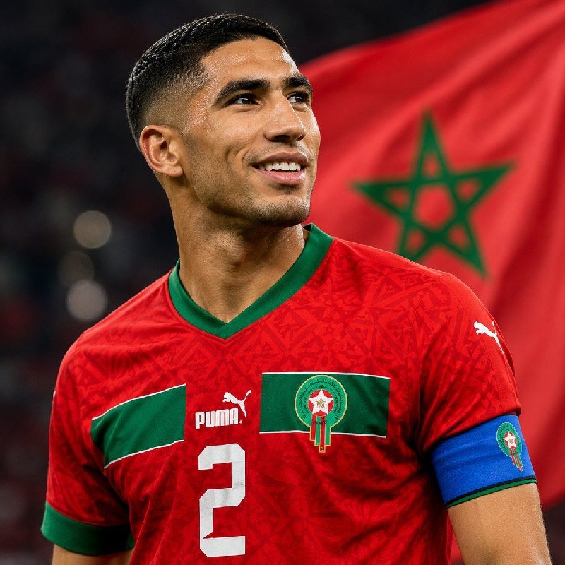 A smiling soccer player wearing a red Morocco national team jersey with the number 2, a team crest, and a blue captain's armband stands in front of a Moroccan flag.