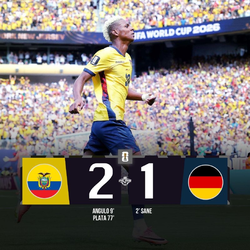 A soccer player in a yellow jersey numbered 19 celebrates with an open-mouthed shout, as a graphic overlay shows Ecuador defeating Germany 2-1.