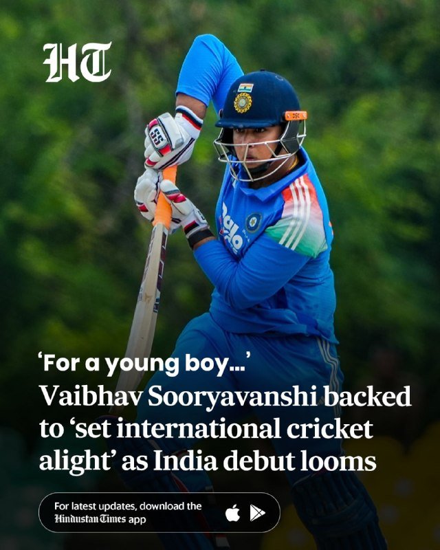 A cricketer in a blue jersey and helmet swings a bat mid-stroke against a green backdrop, with a news headline and app download prompt overlaid.
