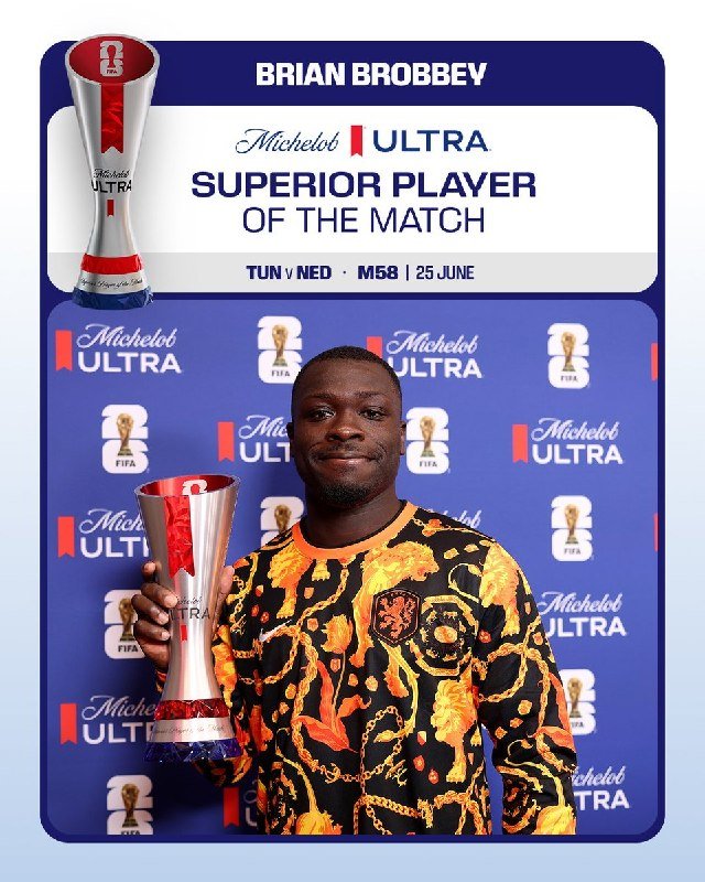 A man in a flame-patterned jersey holds a trophy in front of a "Michelob ULTRA" backdrop displaying "Brian Brobbey Superior Player of the Match TUN v NED."