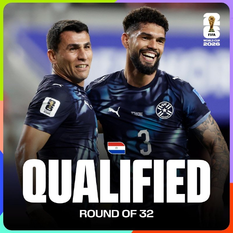 Two soccer players in dark blue jerseys smile together in a graphic displaying the FIFA World Cup 2026 logo, a Paraguay flag, and "QUALIFIED ROUND OF 32."