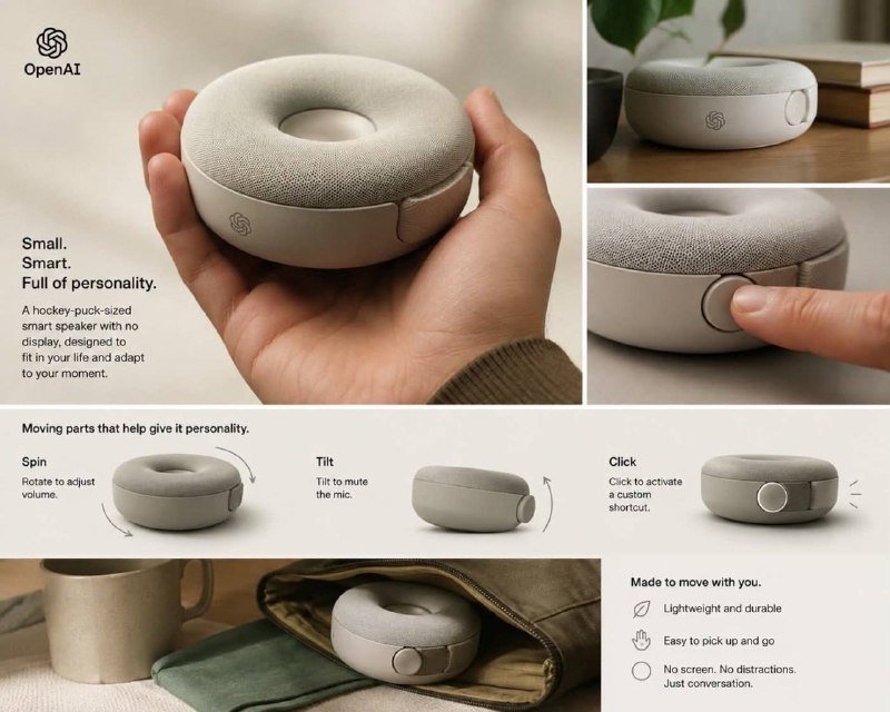 An OpenAI promotional graphic displays a beige, puck-sized smart speaker with text describing its small, screen-free design and gesture controls.
