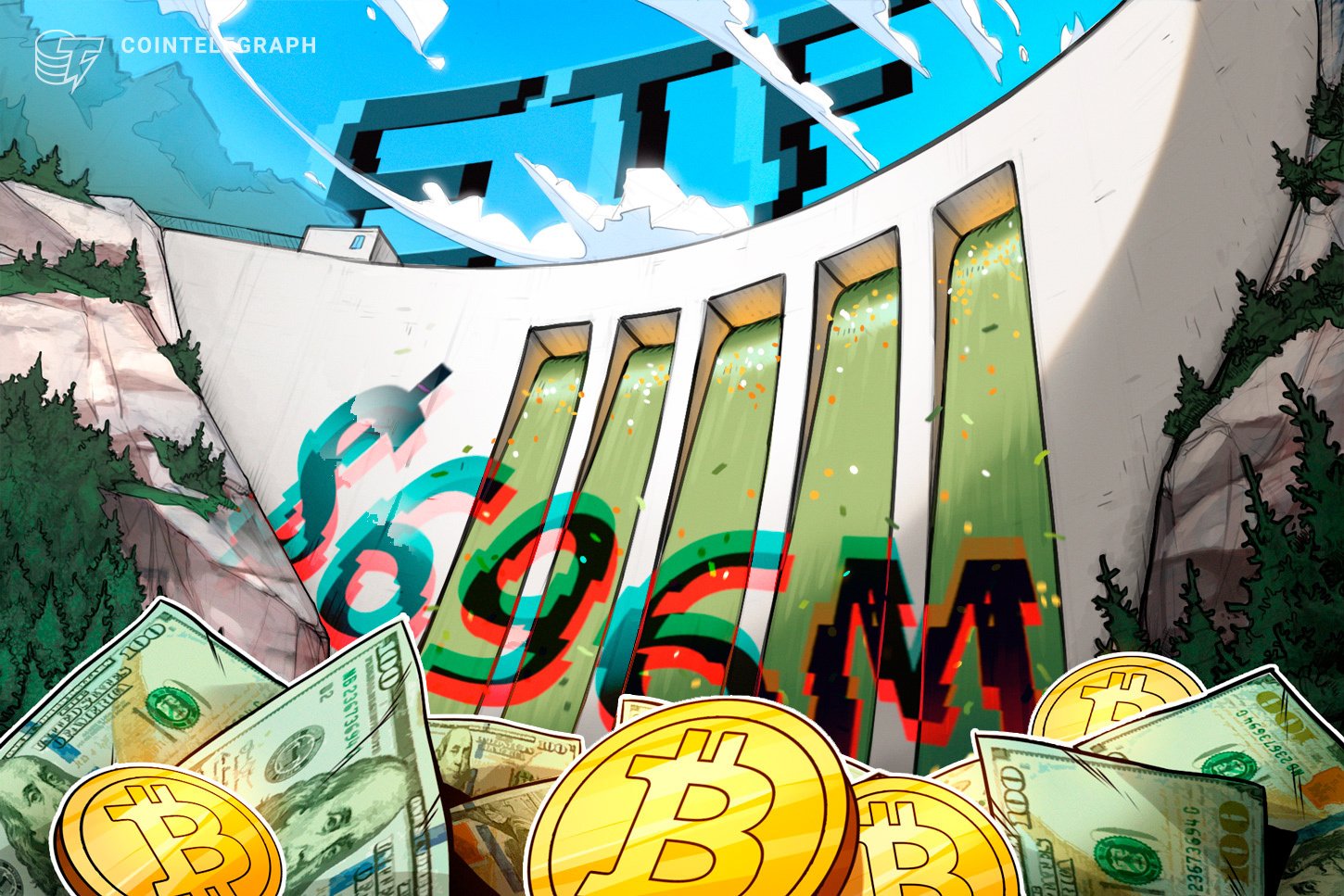 An illustration shows a large dam releasing green-tinted water, overlaid with Bitcoin symbols, with U.S. hundred-dollar bills and gold Bitcoin coins in the foreground.