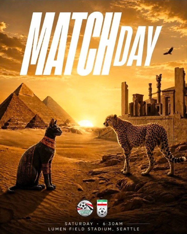 A graphic poster reading "MATCHDAY" depicts a black Egyptian cat statue and a cheetah facing each other before pyramids and ancient ruins at sunset, advertising a Saturday 6:30AM event at Lumen Field Stadium, Seattle.