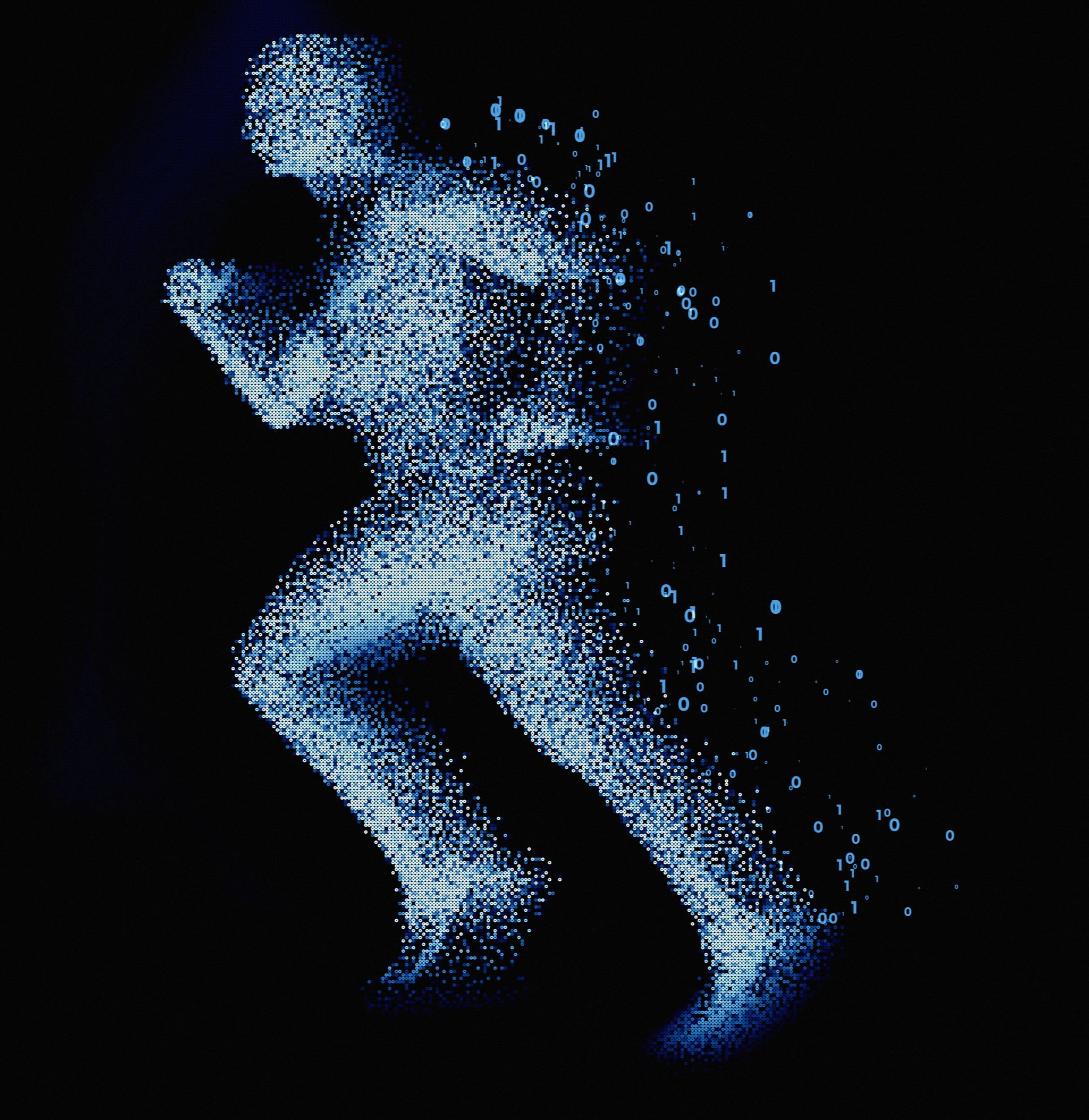 A digital illustration depicts a human figure formed from glowing blue binary digits (0s and 1s) against a black background, with the right side appearing to dissolve into scattered numbers.