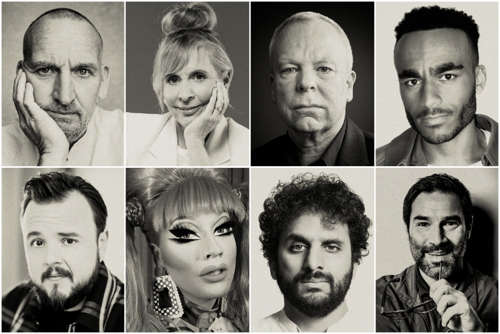 A grid of eight black-and-white headshot portraits shows various men and women posing closely toward the camera against plain backgrounds.