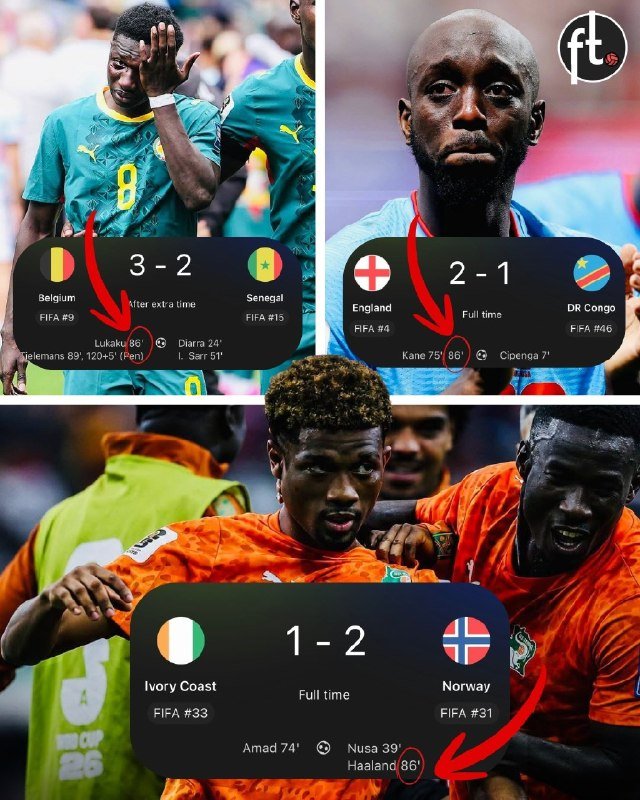A graphic displays FIFA World Cup 2026 match results: Belgium 3-2 Senegal, England 2-1 DR Congo, and Ivory Coast 1-2 Norway, overlaid on photos of players.