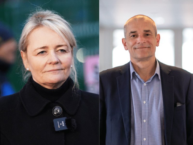 A split image shows a blonde woman in a black coat on the left and a bald man in a blue blazer and light blue shirt smiling on the right.
