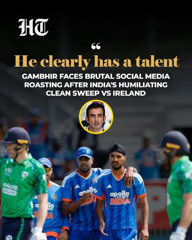 A news graphic from "HT" features a quote, a headline about Gambhir, and an inset photo of a man above an image of India and Ireland cricket players on a field.
