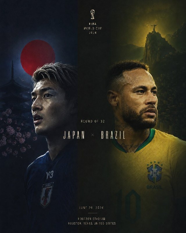A promotional graphic for a FIFA World Cup 2026 "Round of 32" match between Japan and Brazil, featuring two opposing players against a pagoda and Christ the Redeemer backdrop.