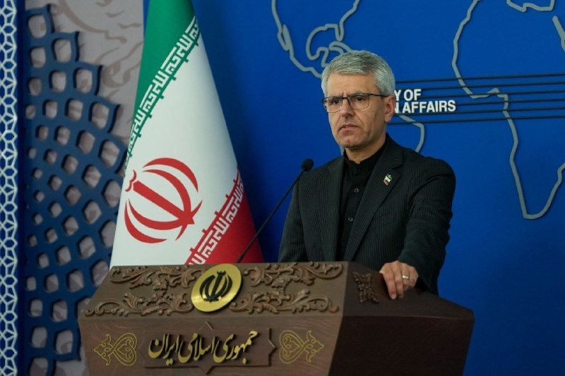 A gray-haired man wearing glasses and a dark suit with a lapel pin stands at an ornately carved wooden podium bearing an emblem, with an Iranian flag displayed to his left against a blue map backdrop.