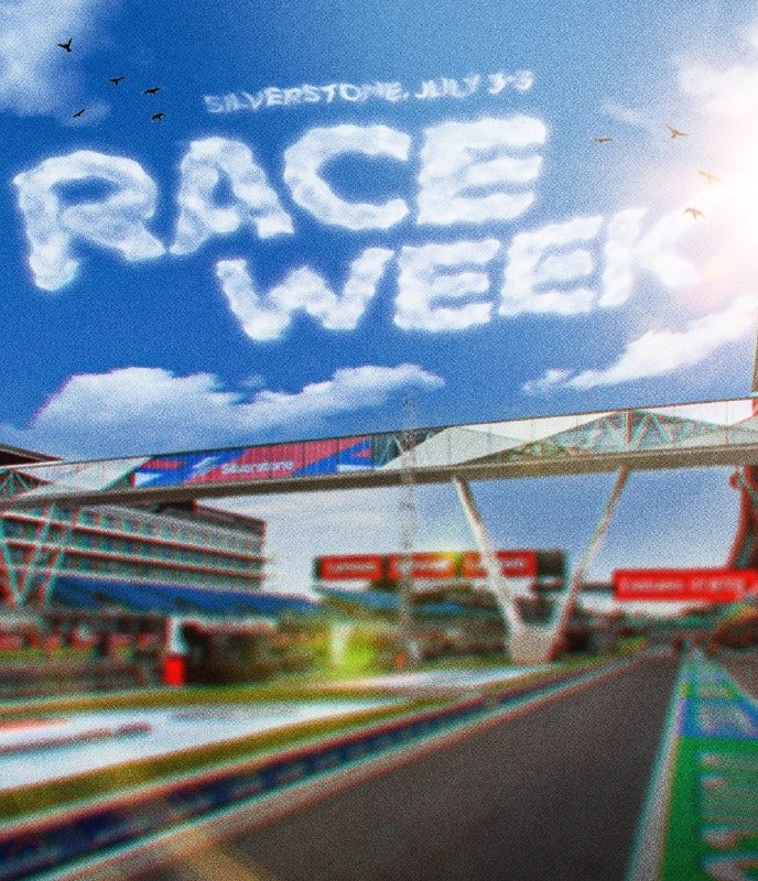 Promotional graphic showing "RACE WEEK SILVERSTONE JULY 3-9" written in cloud-like text across a blue sky above a blurred racetrack and grandstand.