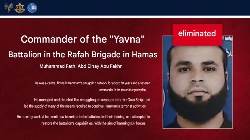 A graphic displays a bearded man's photo labeled "eliminated," with text identifying him as "Muhammad Fathi Abd Elhay Abu Fakhr," Commander of the "Yavna" Battalion in Hamas's Rafah Brigade.