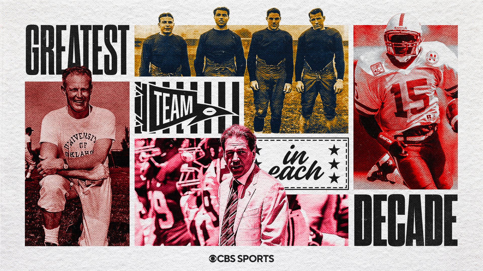 A CBS Sports promotional graphic titled "GREATEST TEAM in each DECADE" features collaged, stylized photographs of football players and a coach in red and sepia tones.