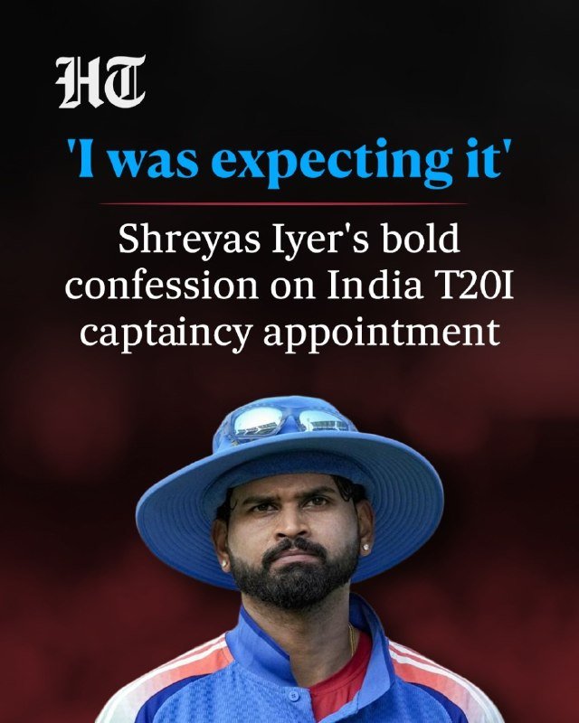 Graphic/illustration: a bearded man in a blue India cricket jersey and wide-brimmed blue hat with sunglasses, beneath text reading "'I was expecting it'" and "Shreyas Iyer's bold confession on India T20I captaincy appointment."