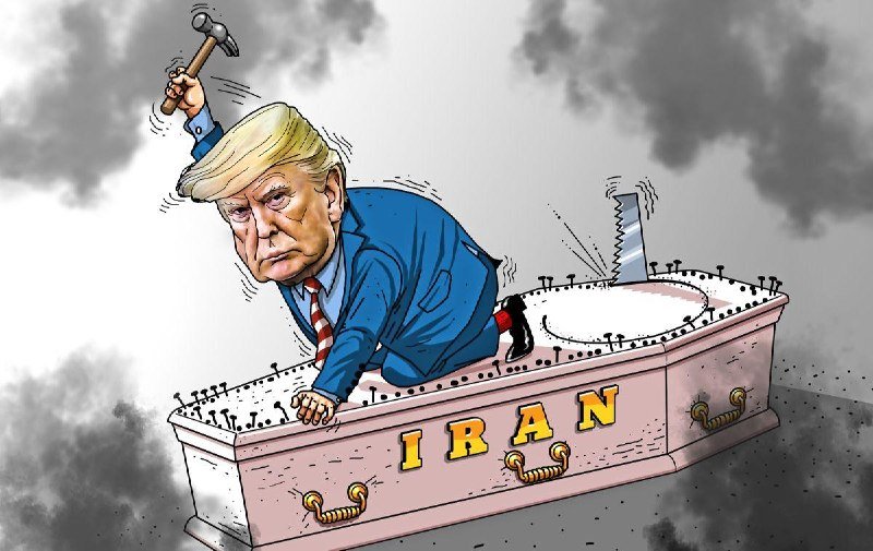 Political cartoon illustration: a blonde man in a blue suit emerges from a coffin labeled "IRAN," raising a hammer amid dark smoke.