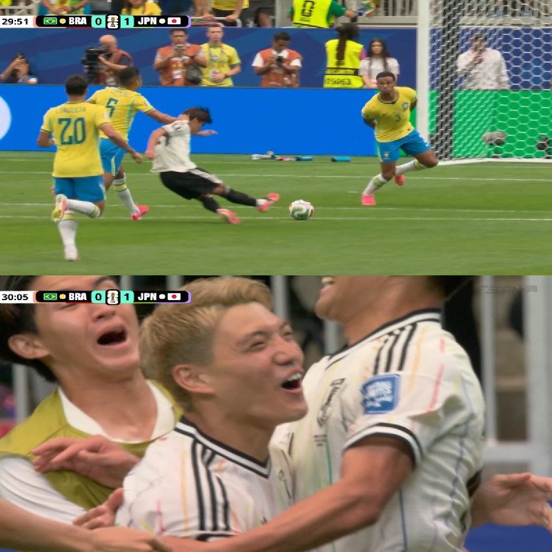A player in a white jersey slides to strike the ball toward the goal as yellow-clad defenders converge, while celebrating teammates embrace nearby.