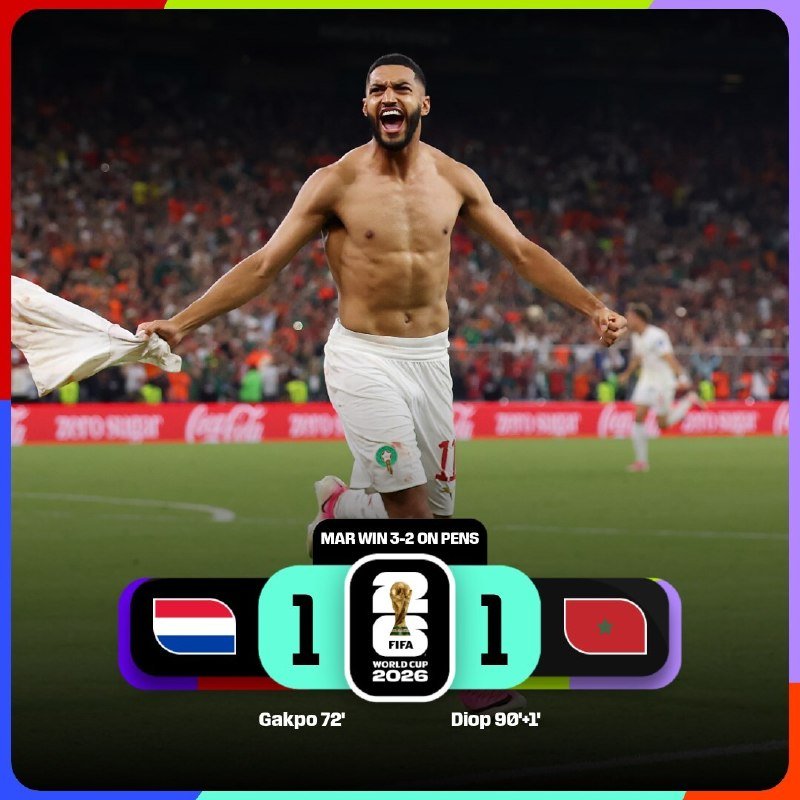 A shirtless soccer player screams in celebration on a stadium pitch, holding a removed jersey, with a graphic overlay showing a 1-1 FIFA World Cup 2026 match result.