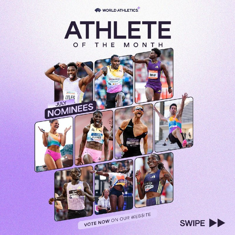 A World Athletics promotional graphic displays "ATHLETE OF THE MONTH" with July nominees pictured in track and field competition poses, inviting votes online.