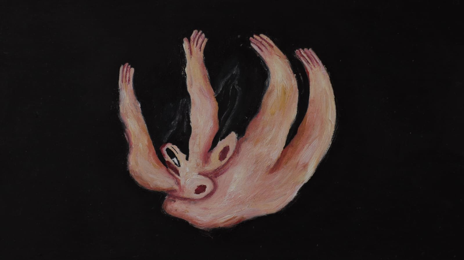 A painted illustration depicts a pale pink, upside-down animal with outstretched limbs and a snout, set against a solid black background.
