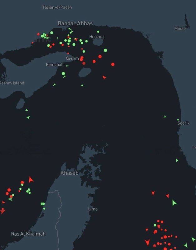 A dark digital map of a coastal region is marked with clusters of red and green dots and triangular markers near labeled locations including Bandar Abbas, Hormuz, Qeshm, and Khasab.
