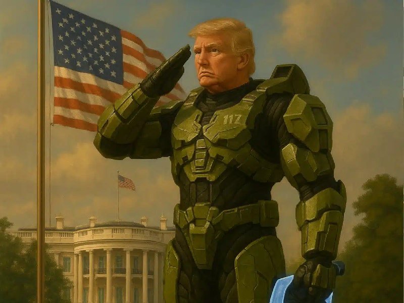 Digital illustration of a man in green sci-fi armor saluting, with the White House and American flags visible in the background.