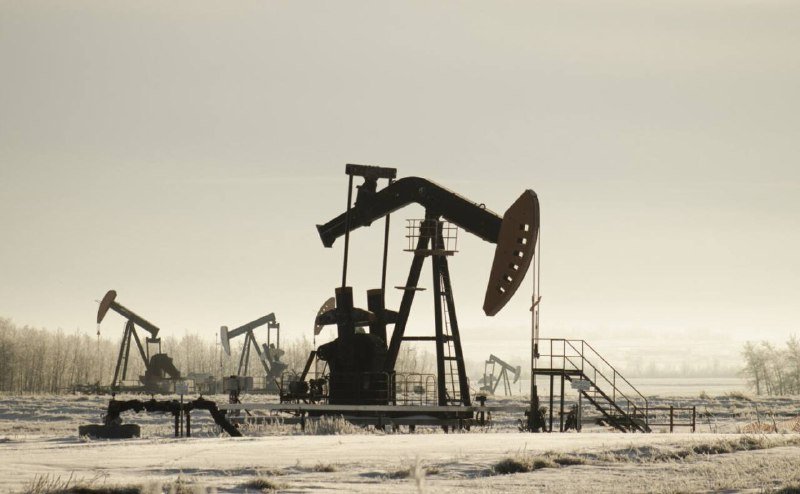 Multiple pumpjacks operate across a snow-covered field under a hazy sky.