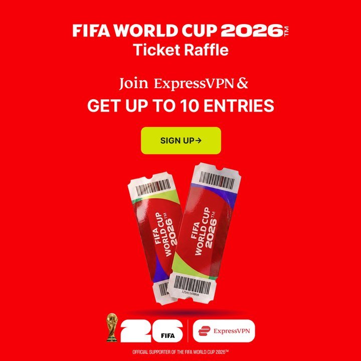 A red promotional graphic advertises a FIFA World Cup 2026 Ticket Raffle through ExpressVPN, featuring two illustrated tickets and a yellow "Sign Up" button.