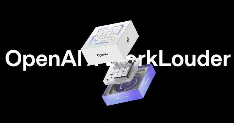 The image displays a promotional graphic with the text "OpenAI WorkLouder" alongside an open device packaging box showcasing a keypad component against a black background.
