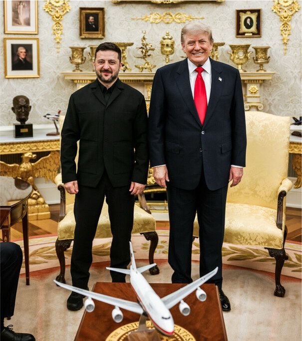 Two men in dark suits stand smiling beside a model airplane on a wooden table in an ornate room with gold-trimmed furnishings and framed portraits.