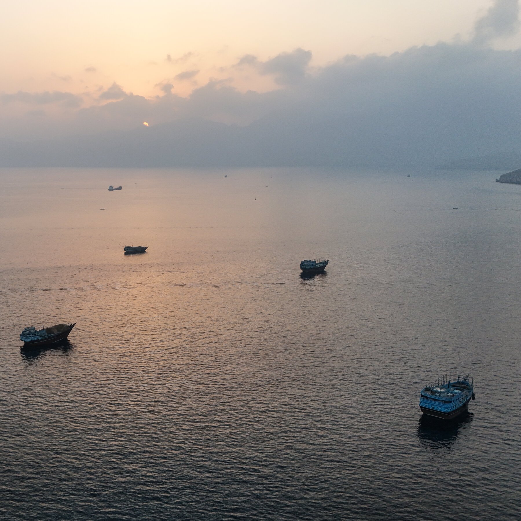 A multi-deck passenger vessel floats on calm, hazy waters with two large cargo ships visible in the distance, while rocks frame the foreground.