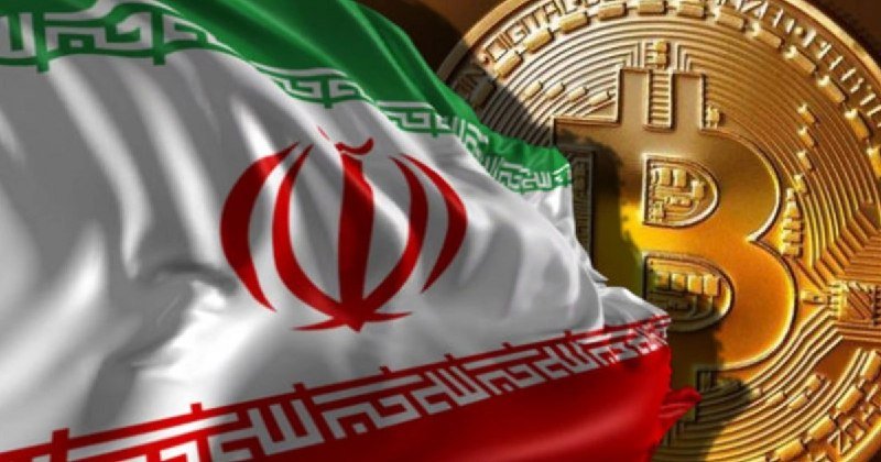 The Iranian flag waves in front of a large golden Bitcoin coin in this digital illustration.
