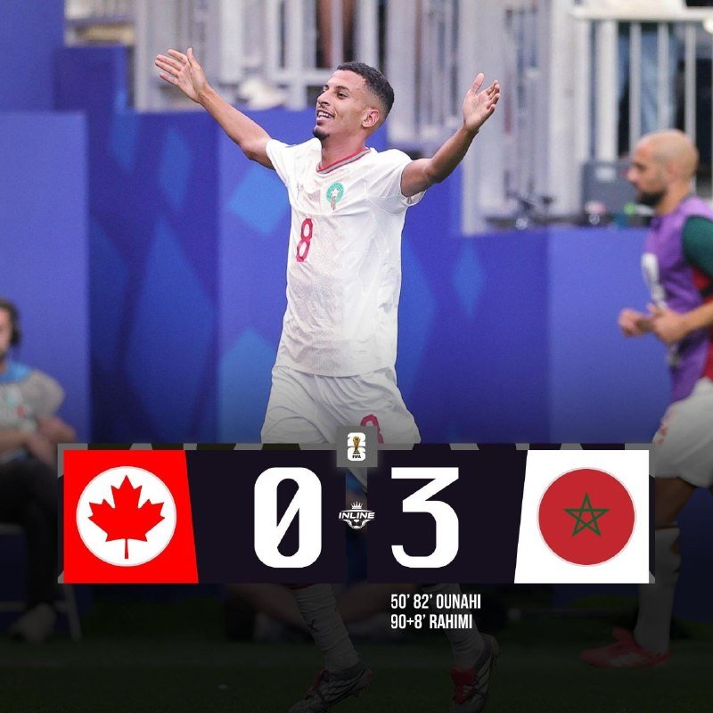 A soccer player in a white Morocco jersey with number 8 celebrates with arms outstretched, overlaid with a final score graphic showing Canada 0–3 Morocco.