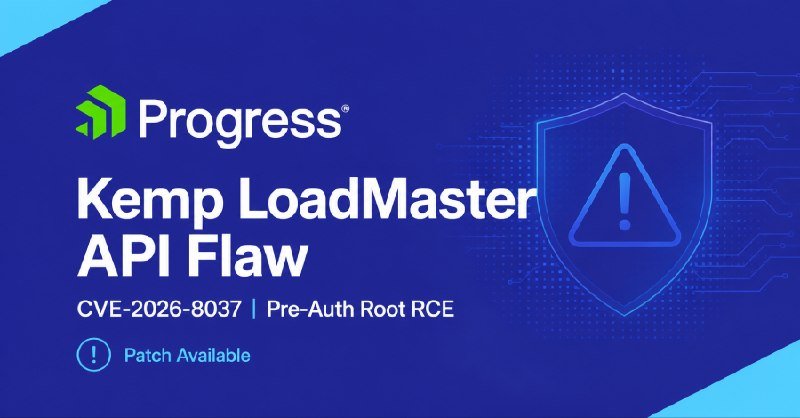 A digital graphic displays the Progress logo alongside text reading "Kemp LoadMaster API Flaw," "CVE-2026-8037 | Pre-Auth Root RCE," and "Patch Available" against a blue background with a shield warning icon.