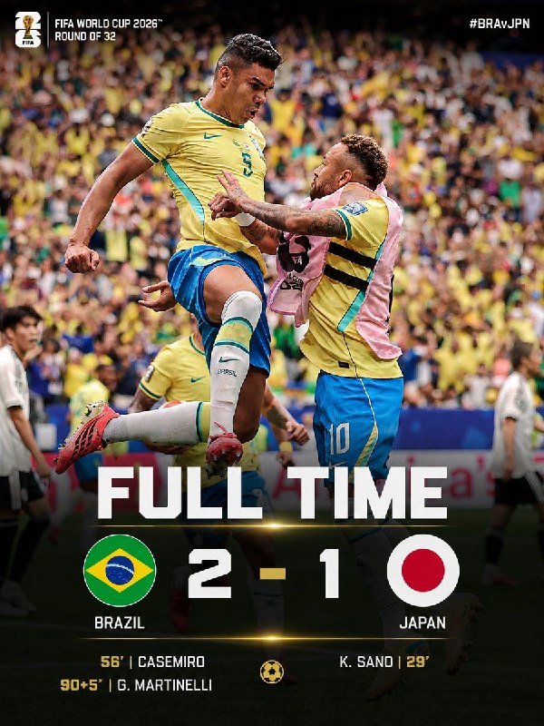 A FIFA World Cup 2026 graphic displays two Brazil players in yellow jerseys celebrating, with a full-time score of Brazil 2–1 Japan.