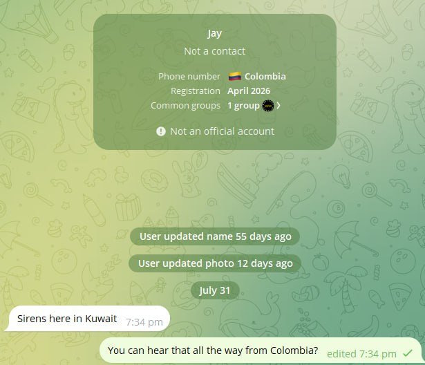 A messaging app screenshot shows a user profile for "Jay" registered in Colombia, with a chat thread containing messages about hearing sirens in Kuwait and Colombia.