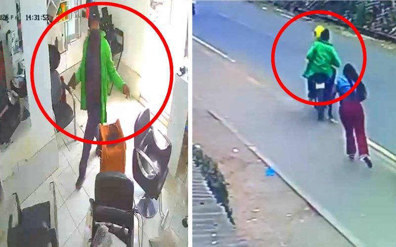 Side-by-side surveillance footage shows a person in a green jacket walking through a shop interior (left) and later on a street near motorcyclists (right).