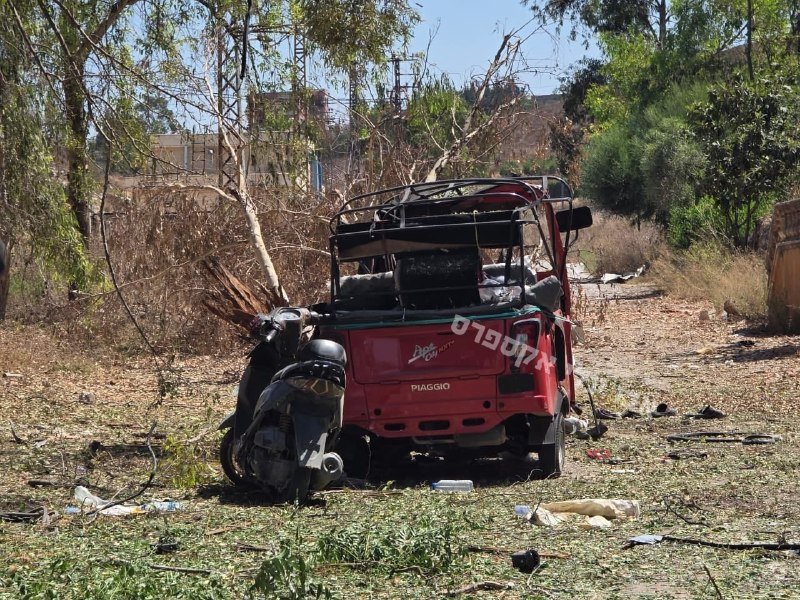A burned red Piaggio three-wheeled vehicle sits wrecked in a debris-strewn lot with scorched trees and overgrown brush in the background.