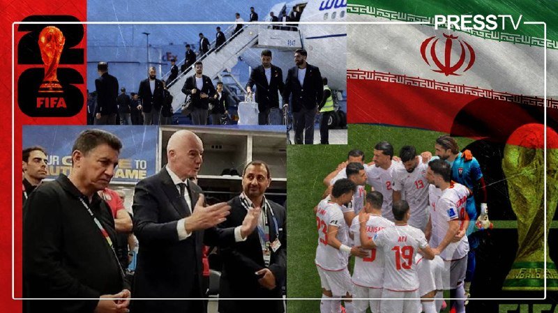 A Press TV graphic collage features a FIFA 2022 World Cup logo, the Iranian flag, men in suits disembarking a plane, a suited man gesturing, and soccer players huddled in white uniforms.
