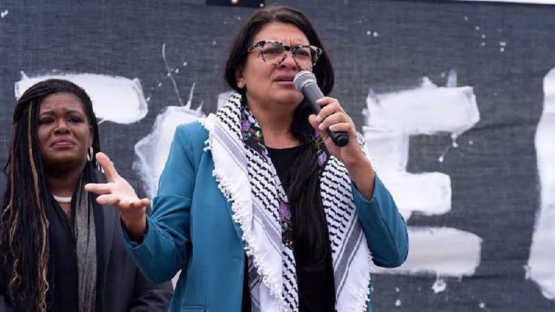 A woman wearing glasses, a teal blazer, and a black-and-white keffiyeh speaks into a microphone while gesturing, standing beside another woman with long braids.