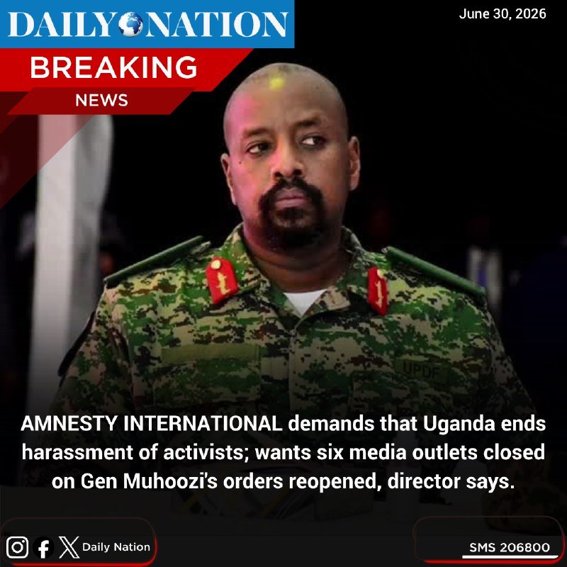 Daily Nation graphic dated June 30, 2026, shows a man in a UPDF camouflage uniform above a headline about Amnesty International's demands regarding Uganda.