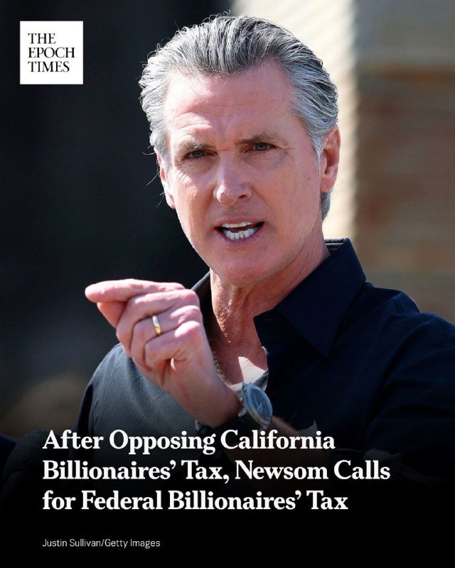 Gray-haired man in dark shirt points forward, speaking, with "The Epoch Times" logo and a headline about a billionaires' tax displayed.