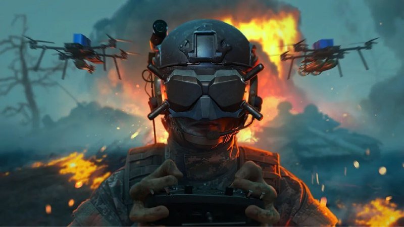 A digital illustration shows a soldier in a tactical helmet and goggles operating a controller, with two drones hovering amid fiery explosions in the background.