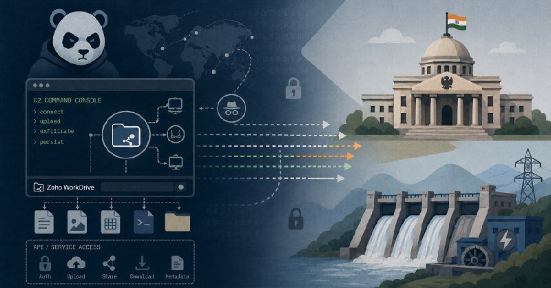 A digital illustration depicts a hooded panda figure alongside a "C2 Command Console" interface, with arrows pointing to a domed government building, a dam, and a power plant.