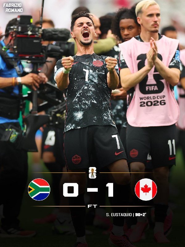 A soccer player in a white jersey with arms raised celebrates, overlaid with a scoreboard showing a 0-3 result between Canada and Morocco with goal details.