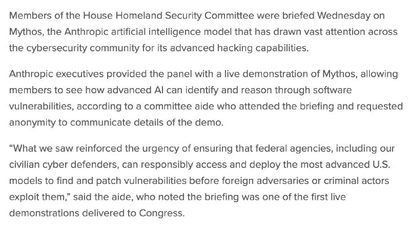 A screenshot of a news article displays black text on a white background, reporting on a House Homeland Security Committee briefing about an AI model named Mythos.