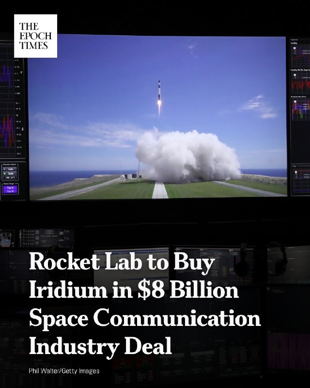 A small rocket lifts off from a coastal launchpad, visible on a mission control monitor displaying data graphs, beneath an Epoch Times headline about a space communication industry deal.